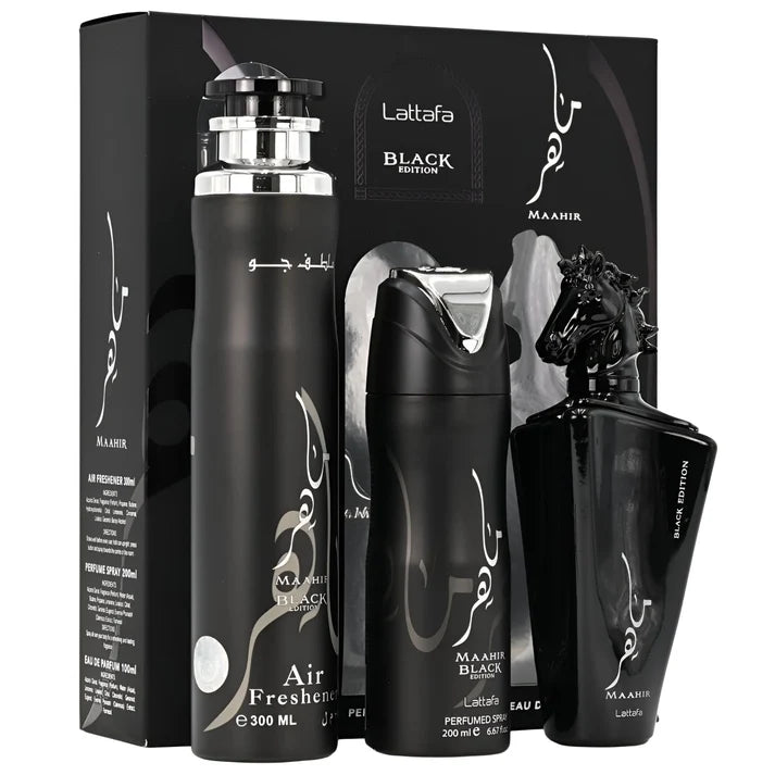 Set Cadou Lattafa Maahir Black Edition Unisex – Apă de Parfum 100 ml + Spray de Corp 200 ml + Air Freshener 300 ml