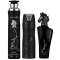 Set Cadou Lattafa Maahir Black Edition Unisex – Apă de Parfum 100 ml + Spray de Corp 200 ml + Air Freshener 300 ml