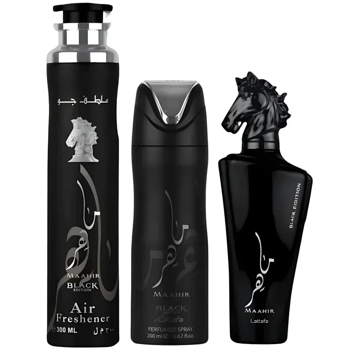 Set Cadou Lattafa Maahir Black Edition Unisex – Apă de Parfum 100 ml + Spray de Corp 200 ml + Air Freshener 300 ml