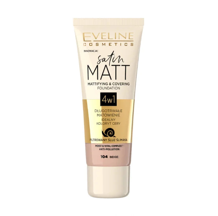 Eveline Cosmetics Satin Matt 4w1 – Fond de ten matifiant și cu acoperire 104 Beige
