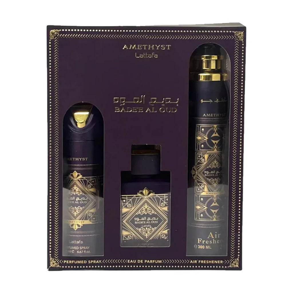 Set Lattafa Bade'e Al Oud Amethyst 3 Piese – Eau de Parfum 100 ml, Spray Parfumat 200 ml și Odorizant de Cameră 300 ml