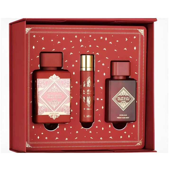 Lattafa Bade’e Al Oud Sublime Gift Set Unisex – Eau de Parfum 100 ml, Parfum de Voiaj 12 ml și Hair Mist 50 ml