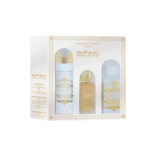 Set Lattafa Bade'e Al Oud Honor & Glory 3 Piese – Eau de Parfum 100 ml, Deodorant Spray 200 ml și Parfum de Păr 50 ml