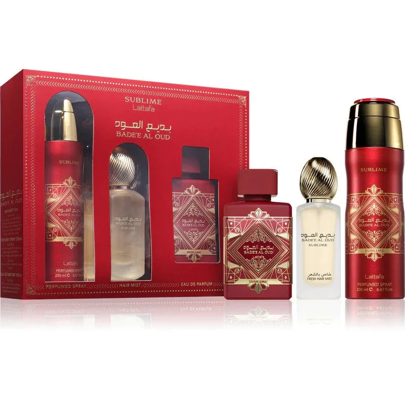 Set Lattafa Bade'e Al Oud Sublime 3 Piese – Eau de Parfum 100 ml, Deodorant Spray 200 ml și Parfum de Păr 50 ml