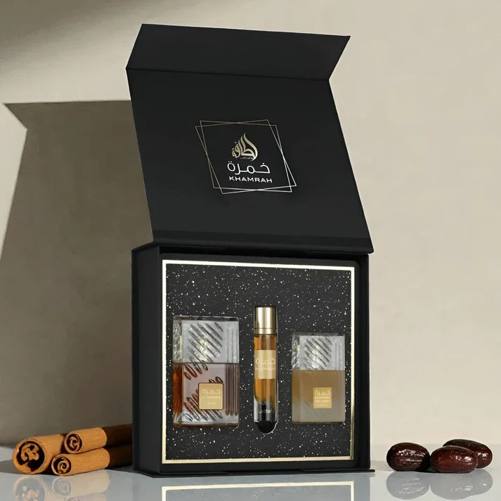 Lattafa Khamrah Gift Set Unisex – Eau de Parfum 100 ml, Parfum de Voiaj 12 ml și Hair Mist 50 ml