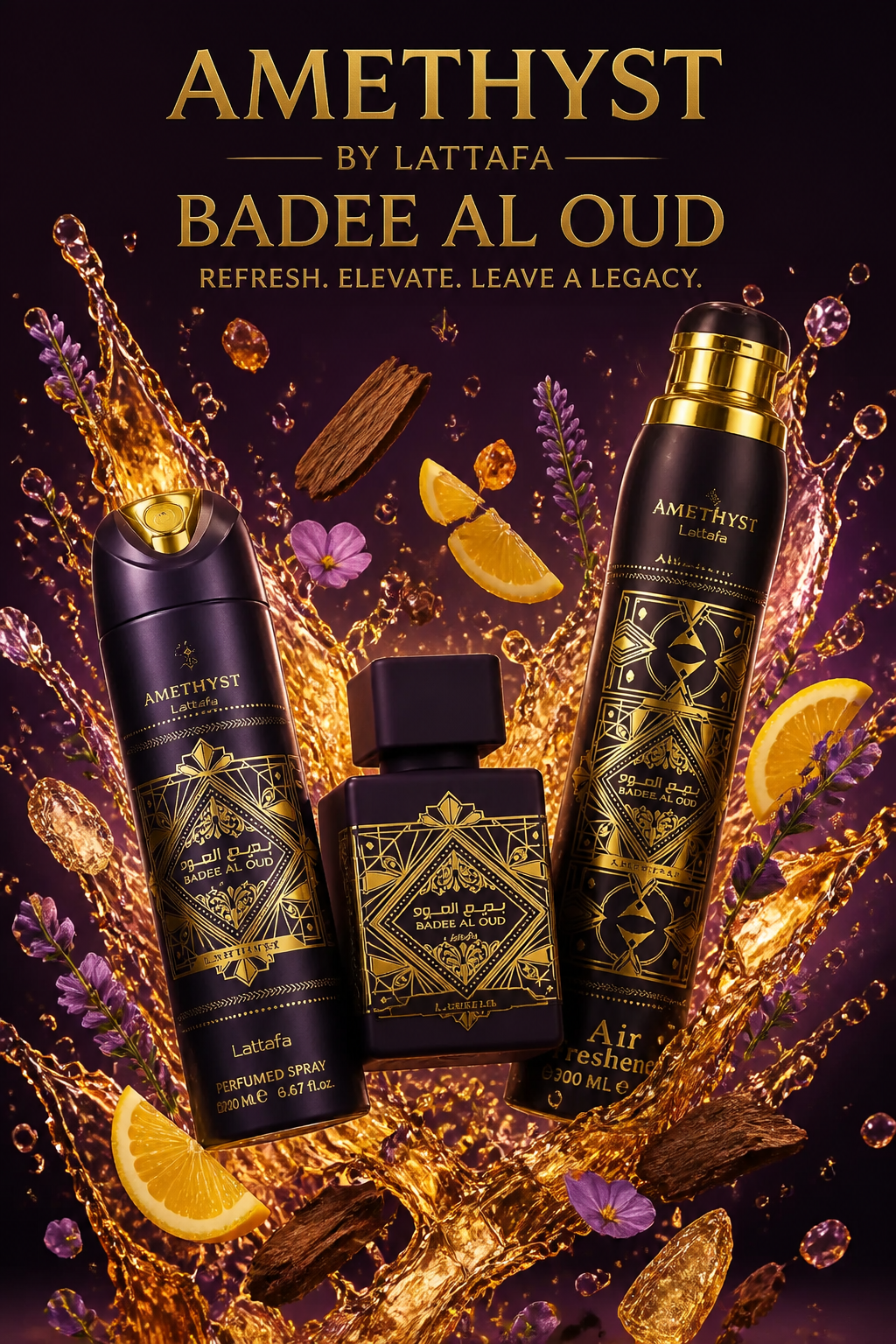 Set Lattafa Bade'e Al Oud Amethyst 3 Piese – Eau de Parfum 100 ml, Spray Parfumat 200 ml și Odorizant de Cameră 300 ml